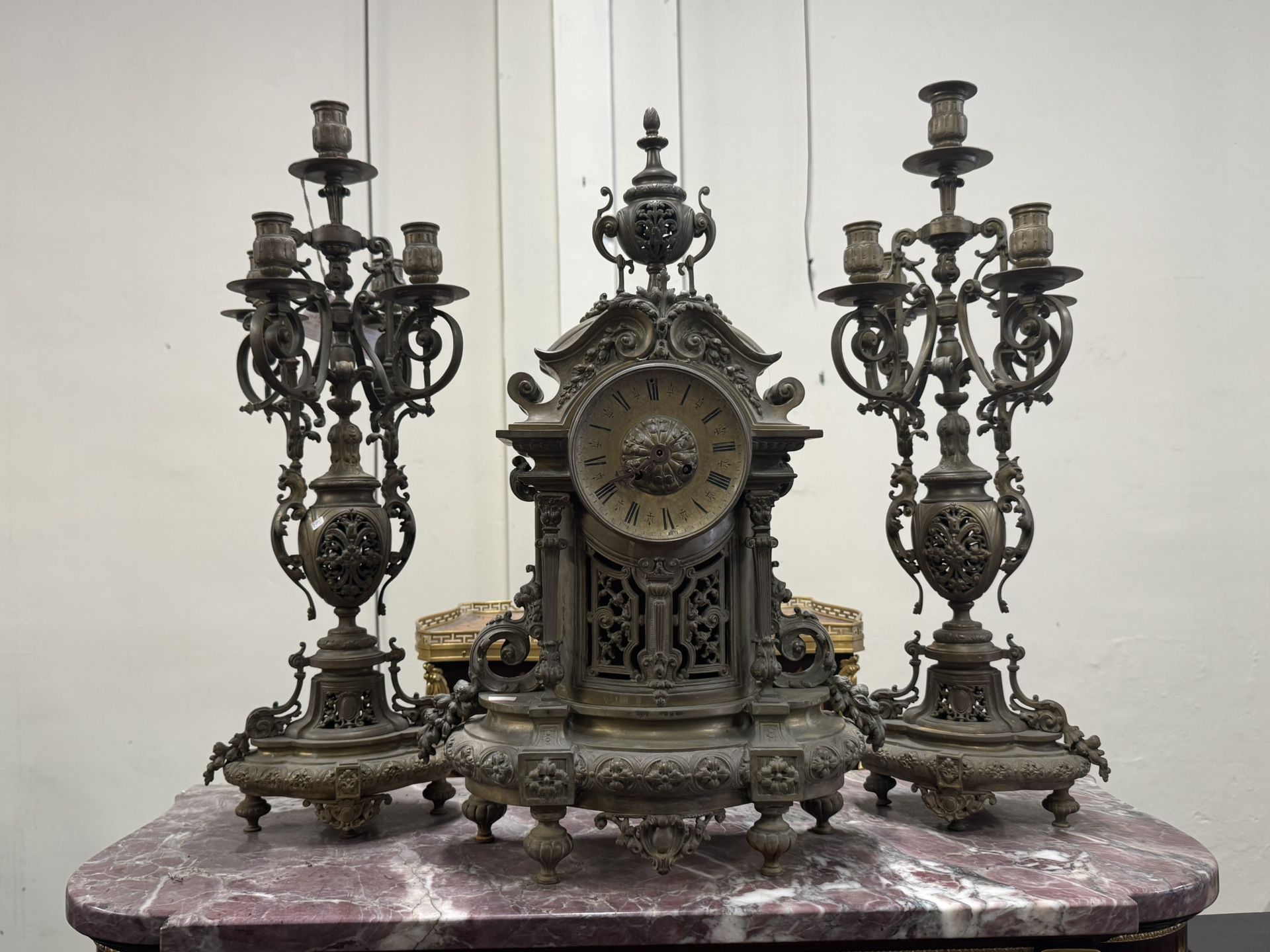 3-pc French Bronze Mantel Clock Set Circa 1880 Clock