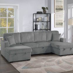 Gray Sofa Sectinal w/ Double Chaise & Pull- Out Sleeper 