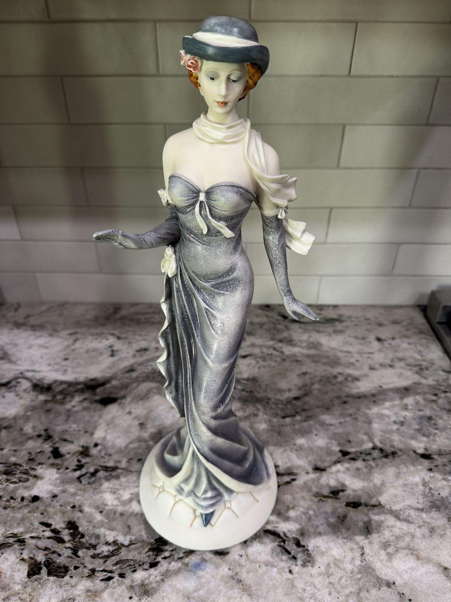 Vintage Ceramic Woman Statue, Grey Dress, Scarf, and Hat