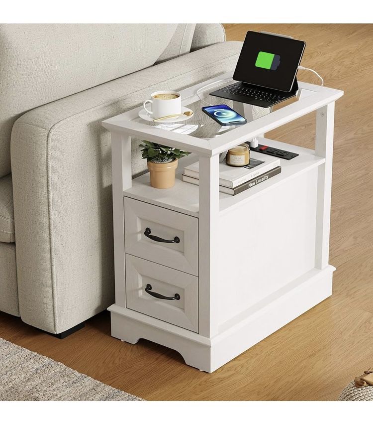 LINSY HOME Narrow End Table with Charging Station, Side Table with Glass Top, Open Shelf, and 2 Drawers, Small Sofa Table with Storage for Living Room