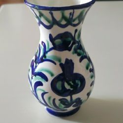 Vtg Hand-Painted Ceramic Vase in White with Blue and Green Floral Accents