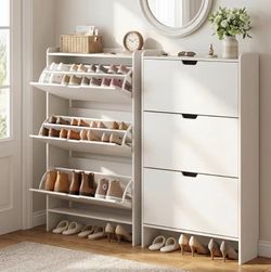White Slim Shoe Cabinet with 3 Flip Drawers