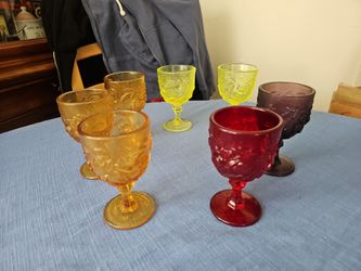 Set of 6 Colored Pressed Glass Goblets