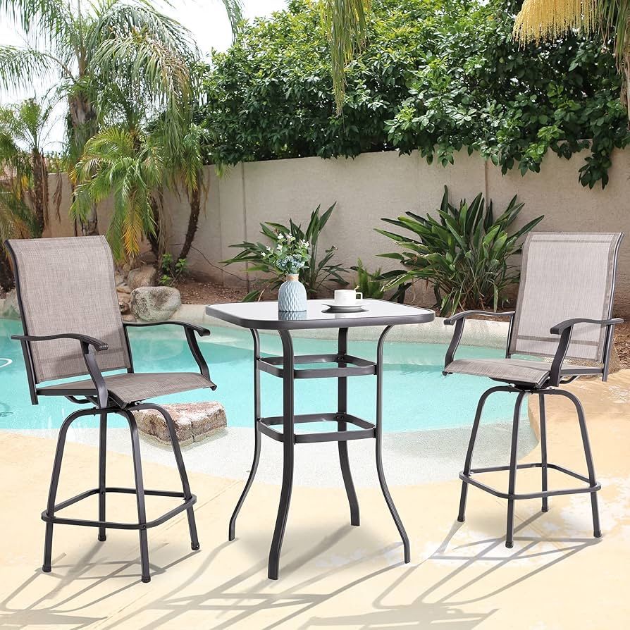 New Heavy Duty Set of 3 Patio Dining Sets Swivel Chairs, All Weather Textilene Mental Swivel Chairs, Set of 2 Chairs and High Glass Bar Table, High To