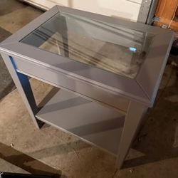 Grey Wood & Glass Top Side Table with Storage Shelf — Like New
