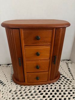 Vintage Wooden Tabletop Jewelry Box Armoire Oak Color Metal Handles