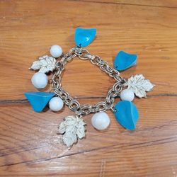 Vintage Blue Plastic Nugget Charm Bracelet ~ Silver Chain, Leaves, 7.5" Long