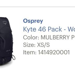 New Osprey Kyte Backpacking Pack 46”