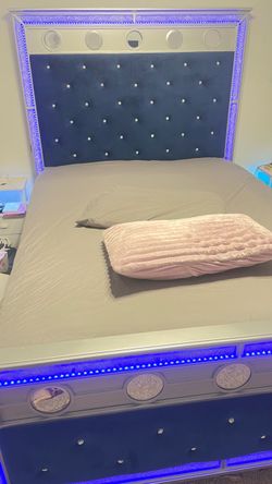 Grey and velvet Blue Queen Size Bed Frame with Build In Bluetooth Speaker and LED Light