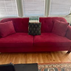MOVING SALE - Modern Red Velvet Sofa – Excellent Condition