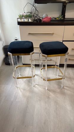 Set of 2 Blue Velvet, Gold & Clear Acrylic Bar Stools