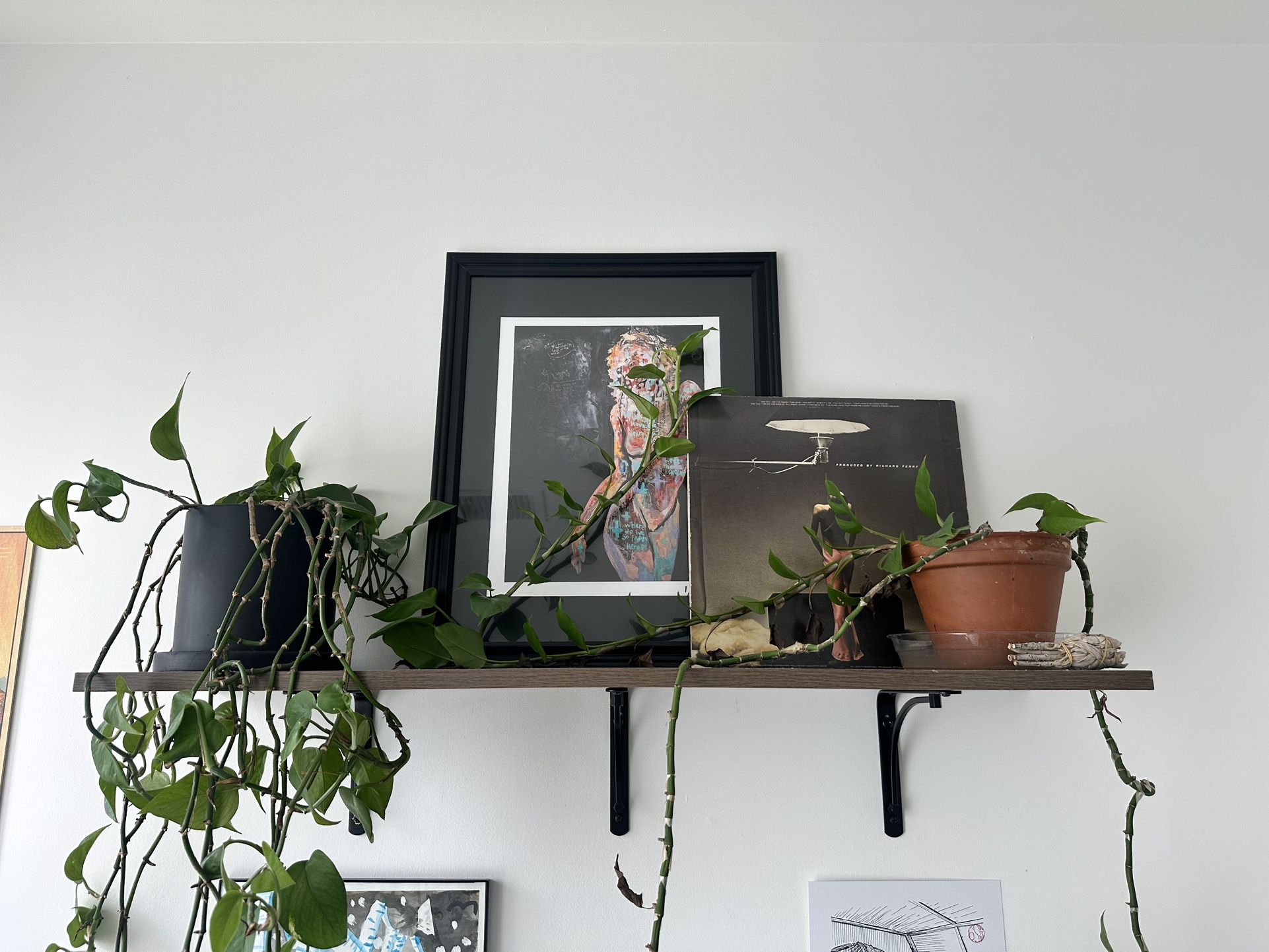 2 Brown Wooden Wall shelves with brackets