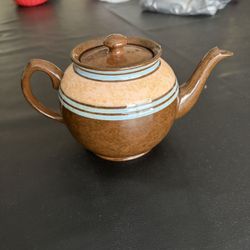 Vintage Stoneware Teapot Brown Blue Band Rustic Studio Pottery 1950s