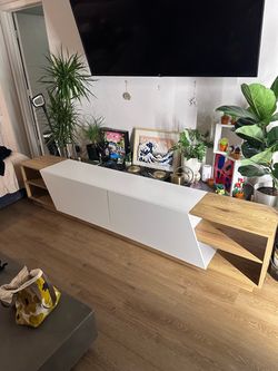 94" W Low-Profile TV Stand with Geometric Doors and Open Shelves, White and Oak Finish