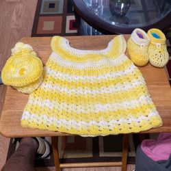 Hand Crocheted Dress, Booties, Hat, and Blanket
