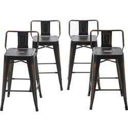 Furniture Metal Bar Stools Set of 4 Distressed Industrial Counter Bar Stool with Backs Bistro Cafe Barstools(26 inch, Distressed Gold)