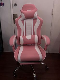 Pink and White Gaming Chair with Footrest
