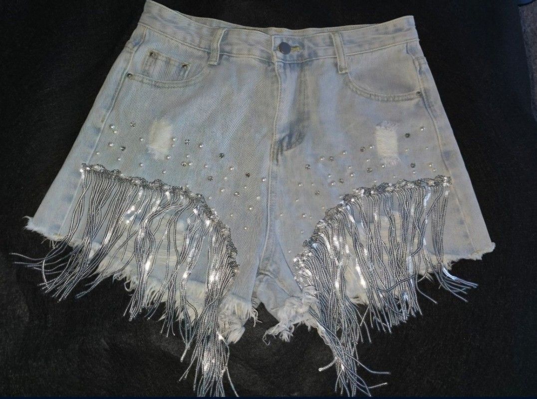 Denim Shorts With Silver Fringe XL