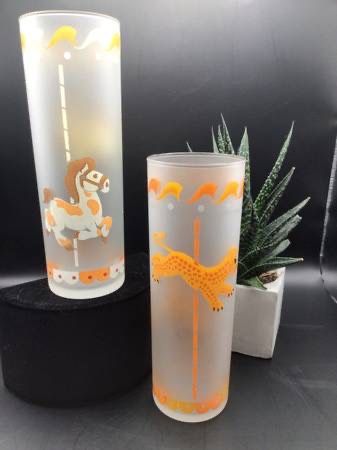 1950s Libbey Carousel Circus Frosted Merry-Go-Round Glass Tumblers Set