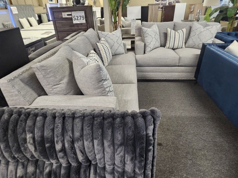 Brand New Light Gray Linen Studded Sofa + Loveseat 2PCs Set