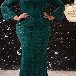 Emerald Green Beaded Gown (XL)