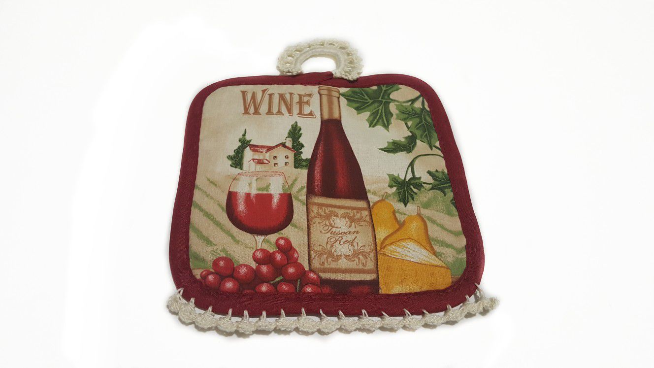 Oven Hanging Square Pot Holder Fancy Crocheted Delicate RuffleTrimming-Wine Grapes Theme Kitchen
