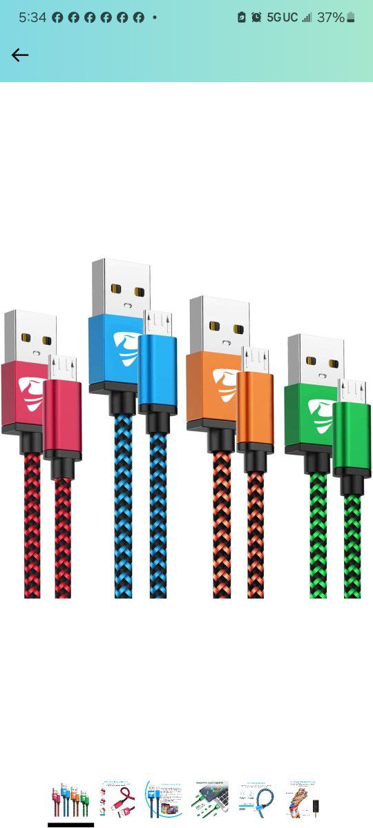 Aioneus Fast Micro USB Android Cable, 4 Pack [2ft, 3ft, 5ft, 6ft] Charging Cable for Samsung Galaxy S7 Edge S6 S5 J3 J3V J5 J7V Note 5, LG K40 K22 K20