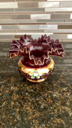Bohemian vintage hand-painted ruby red glass rose bowl