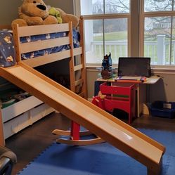 Solid Wood Loft Twin Bed With Slide,play table with 2 drawers for Storage,  Mattress Included 