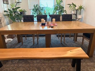 Dining room bench, table and chairs