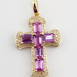 18k gold 2.00ctw untreated pink sapphire & diamond cross pendant