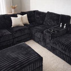 Corduroy Black Sectional Sofa L Shape Couch W/ Ottoman & USB 🛋️