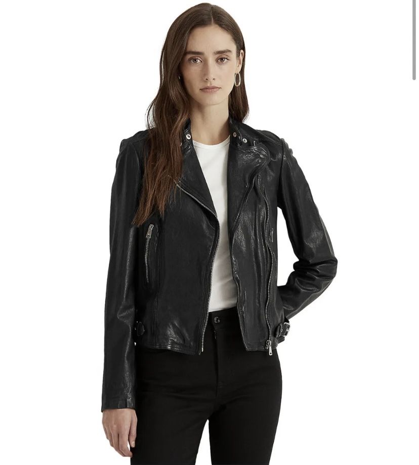 Lauren Ralph Lauren Leather Moto Jacket, Black Tumbled, Biker Women 12 new Size 12