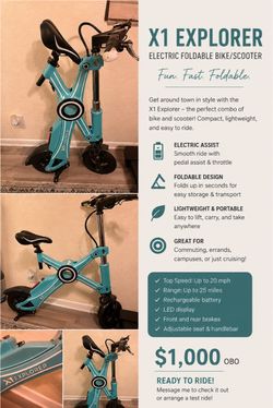X1 Explorer Electric Folding Bike/Scooter – $1,000 OBO