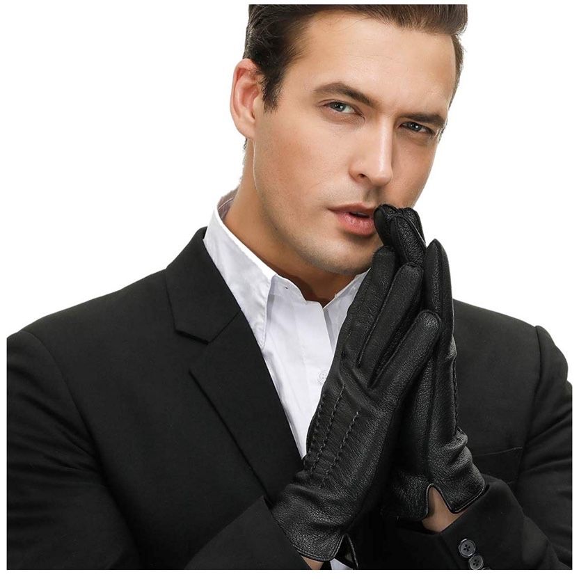 Mens Genuine Leather Gloves Winter - Touchscreen Windproof Dress Driving Gloves with Wool Lining