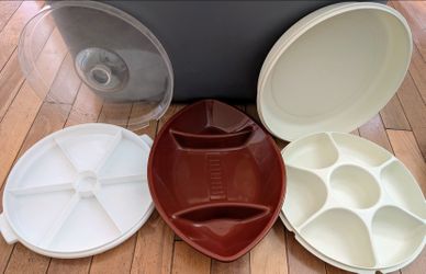 $2-$20 ea: veggie appetizer dip tray, serving divided Tupperware carrier, football chip plate