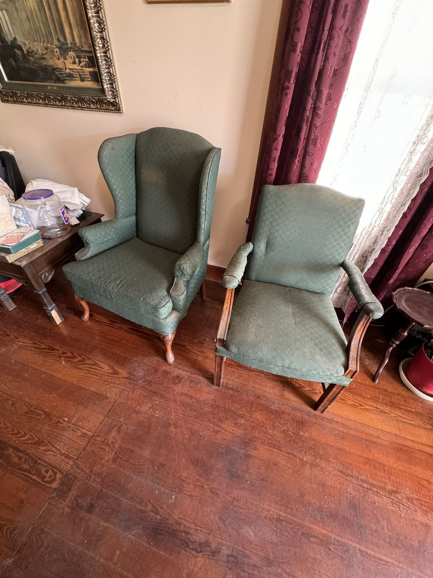 Vintage Green Queen Anne Wooden Wing Chairs