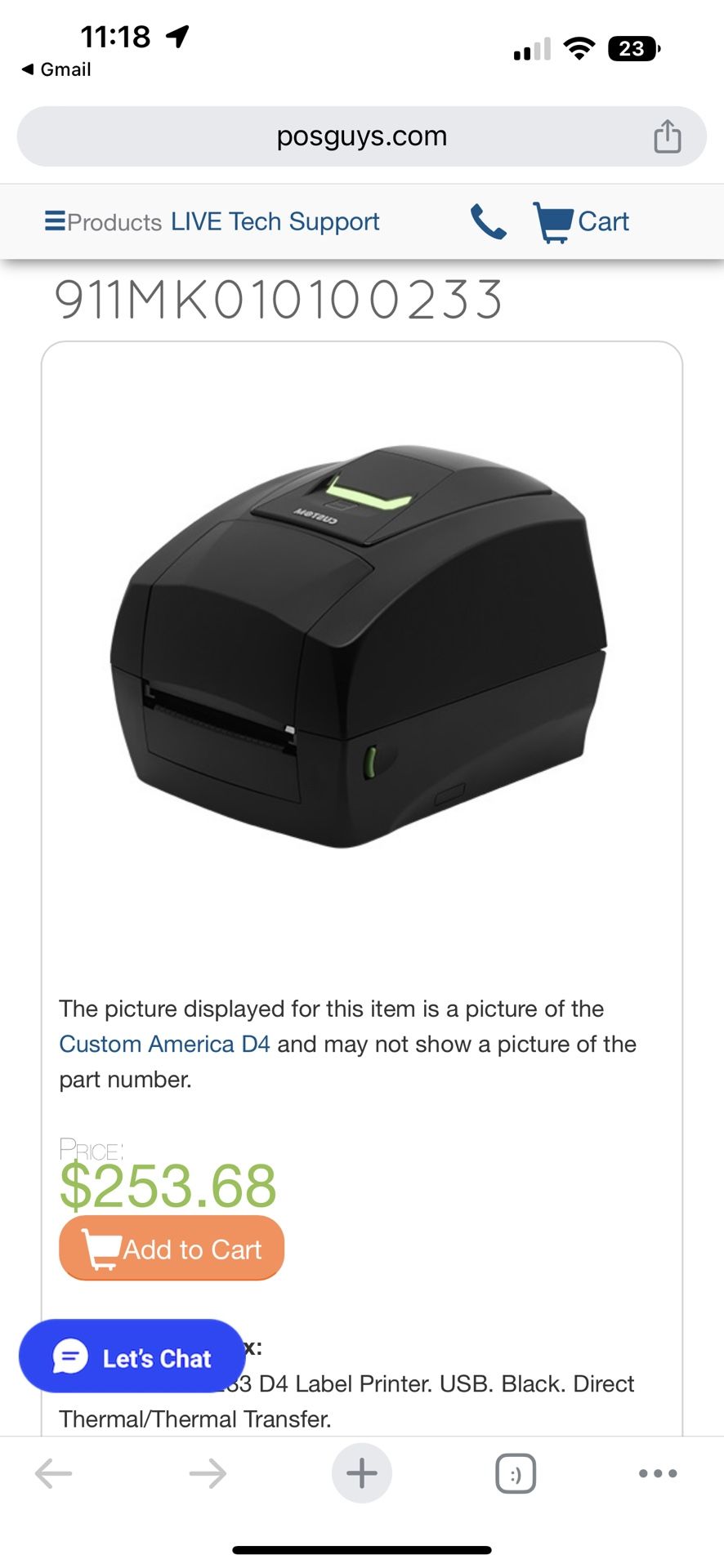 911MK010100233 D4 Label Printer. USB. Black. Direct Thermal/Thermal Transfer. POS label Printer