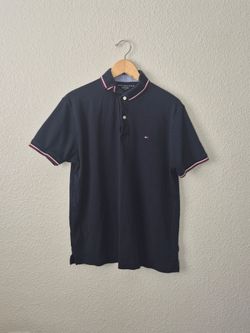 Tommy Hilfiger Men Short Sleeve Polo Navy Blue Striped Collar Size: Large