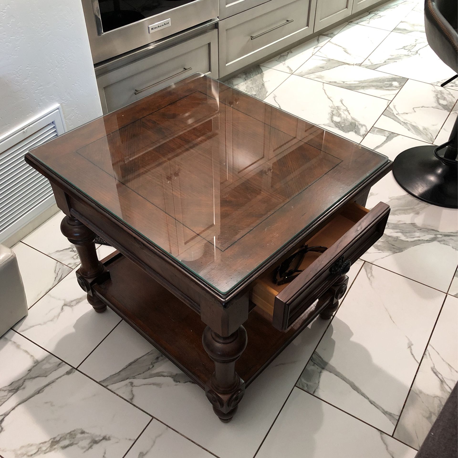 Solid Wooden end table with drawer and glass top
