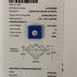 1.09 CT Round Lab Grown Diamond With IGI Report