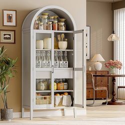 71" Tall Arched Cabinet, 5-Tier Arched Kitchen Pantry with Glass Doors & Drawer, Modern Display Pantry Cabinets with Adjustable Feet, Wooden Pantry fo