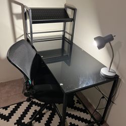 Glass Topped Black Desk With Optional Chair, Lamp, And Organizer Rack 