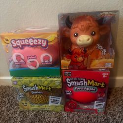 Smush Mart Durian, Squeezy Peach, Smush Mart Scented Apple, Highland Cow
