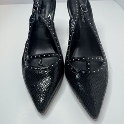 WHBM Megan Studded Black Leather Sling Back Heels Size 8M 