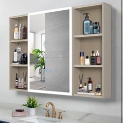 Brand new Defogging Mirror Cabinet, LED Mirror Door with Touch Switch, 35" L x 27.6" W, 6 Open Shelves, Multifunctional Storage Cabinet, Wall Mounted 