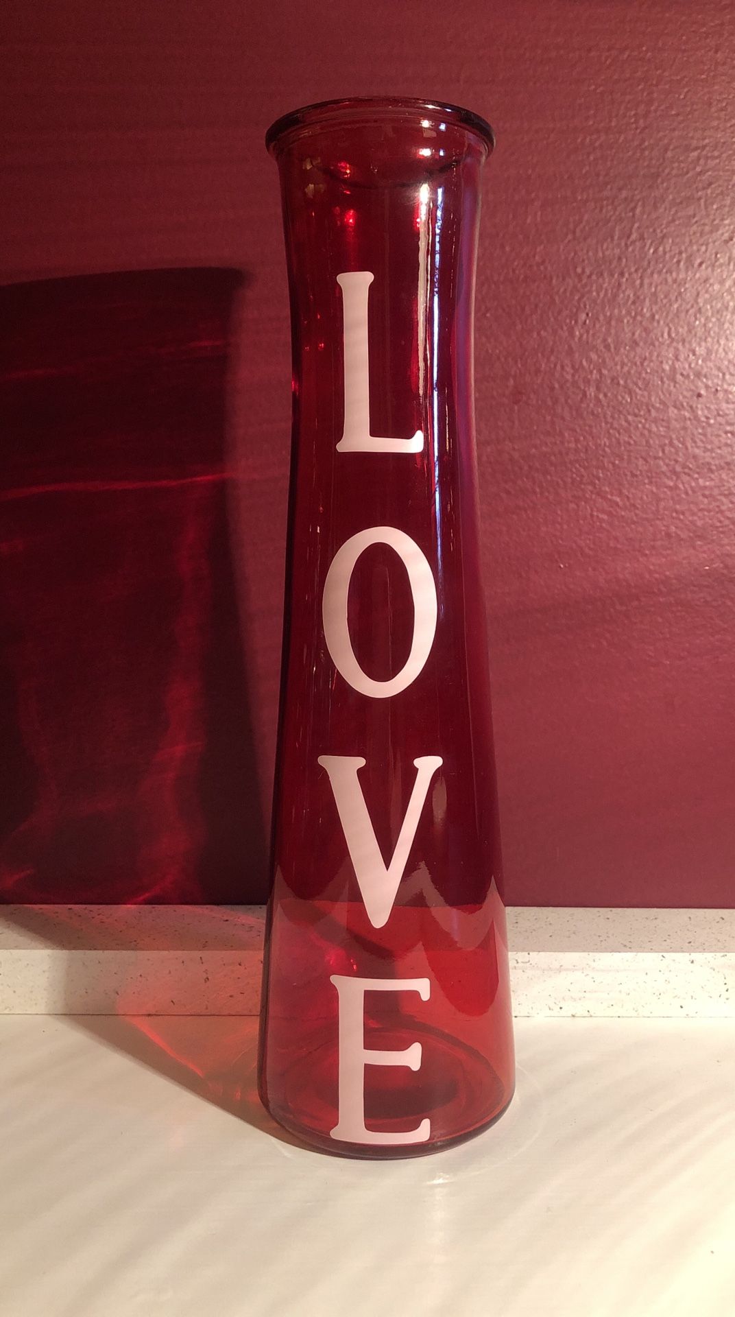 Red Glass Flower Vase With “LOVE” In Pink