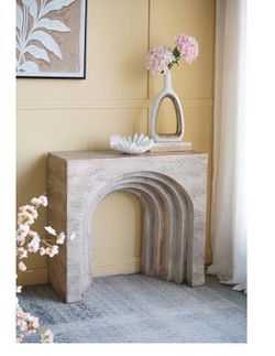 Console Table, Modern Arched Entryway Table, Sofa Table with Beige Faux Travertine Finish Cave, 32.3x14.2x29.9 Minimalist Narrow Console Table for Acc