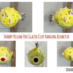 Shabby Yellow Fire Glazed Clay Hanging Blowfish