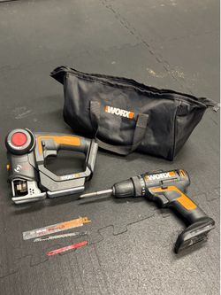 Worx 2-in-1 Axis Jigsaw Reciprocating Saw Drill Driver Combo Tool Bag and Blades